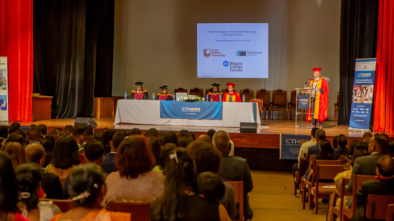 CTH Marketing Director, Steve Beckworth speaking on the podium at the first CTH joint graduation ceremony 2022 in Mauritius.